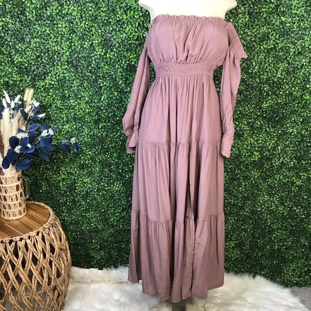 Nwt brown Off-Shoulder Maxi Dress cottage core‎ whimsical - Picture 7 of 15